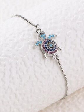 🪷 Silver Blue & Purple Cubic Zirconia Turtle Slider Adjustable Bracelet